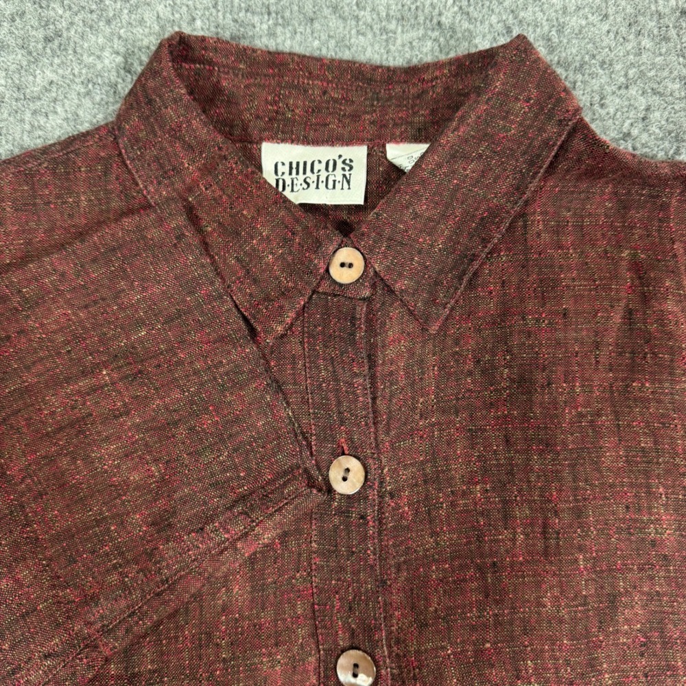 Vtg Chicos Design Button Down Shirt Womens Size 1 M Burgundy 100% Linen EUC L/S